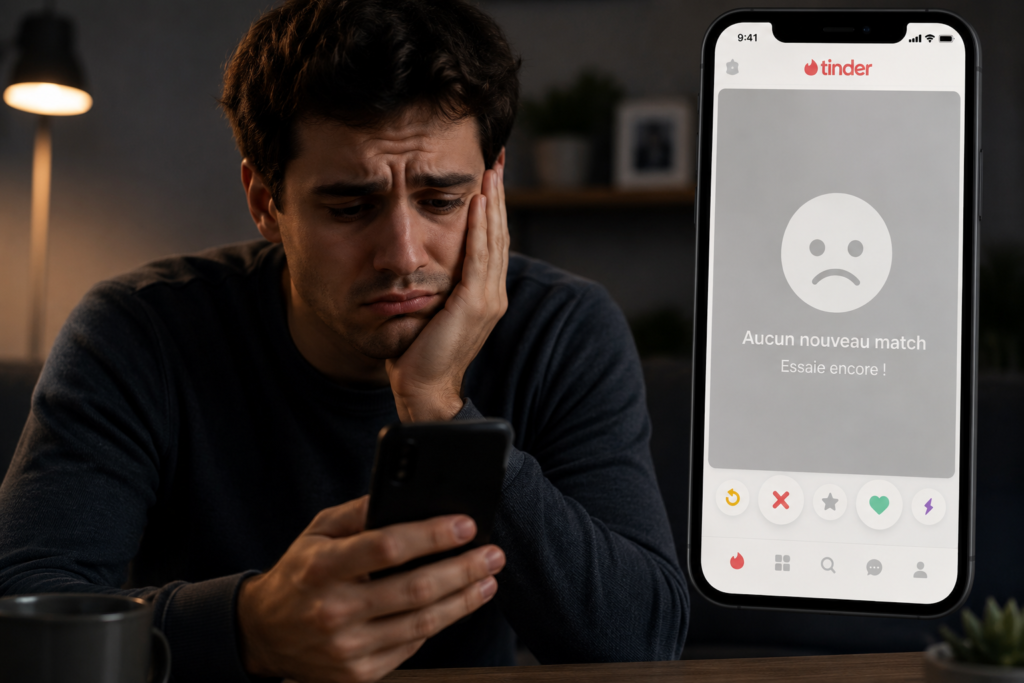 Homme déçu devant son téléphone après n’avoir obtenu aucun match sur Tinder.
