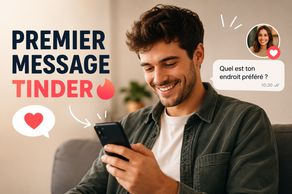 Homme souriant consultant son smartphone après avoir envoyé un premier message sur Tinder pour engager une conversation et obtenir une réponse.