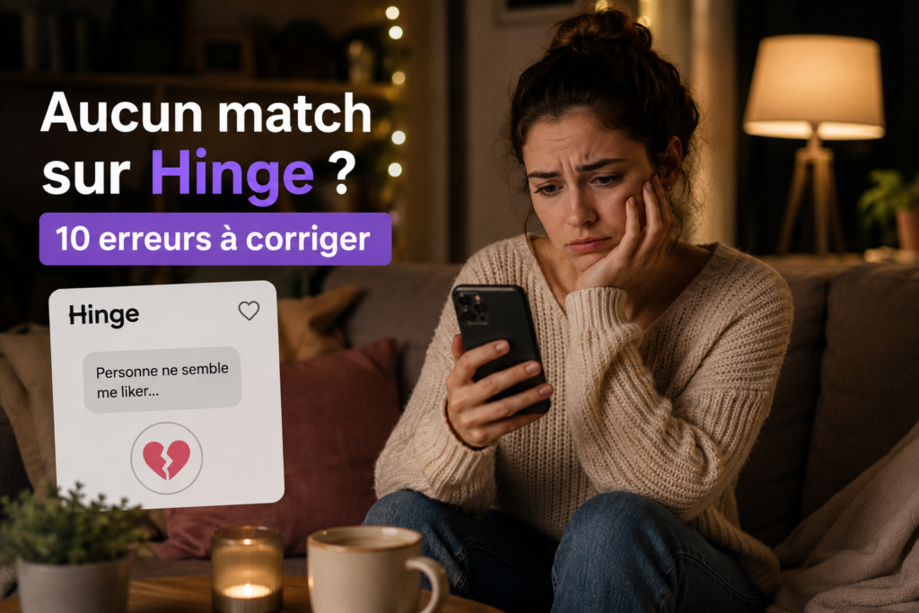 Jeune femme triste regardant son téléphone après n'avoir obtenu aucun match sur Hinge, illustrant les difficultés rencontrées sur une application de rencontre.