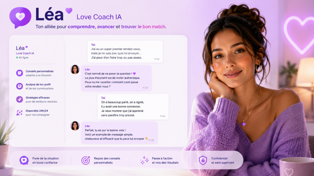 Léa, le Love Coach IA de HelpMe2Match en conversation avec un utilisateur.