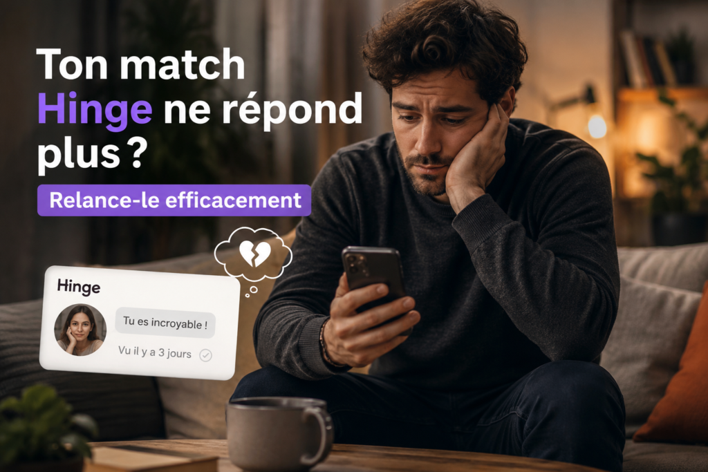 Homme regardant son téléphone avec un air déçu après qu'un match Hinge ne répond plus, illustrant une conversation interrompue sur une application de rencontre.
