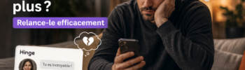Homme regardant son téléphone avec un air déçu après qu'un match Hinge ne répond plus, illustrant une conversation interrompue sur une application de rencontre.