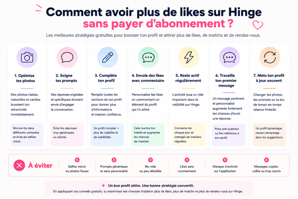 Comment avoir plus de likes sur Hinge sans payer grâce à un profil optimisé, de meilleurs prompts et des interactions personnalisées