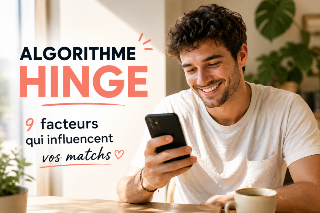 Illustration de l'algorithme Hinge expliquant les principaux facteurs qui influencent la visibilité et les matchs sur l'application.