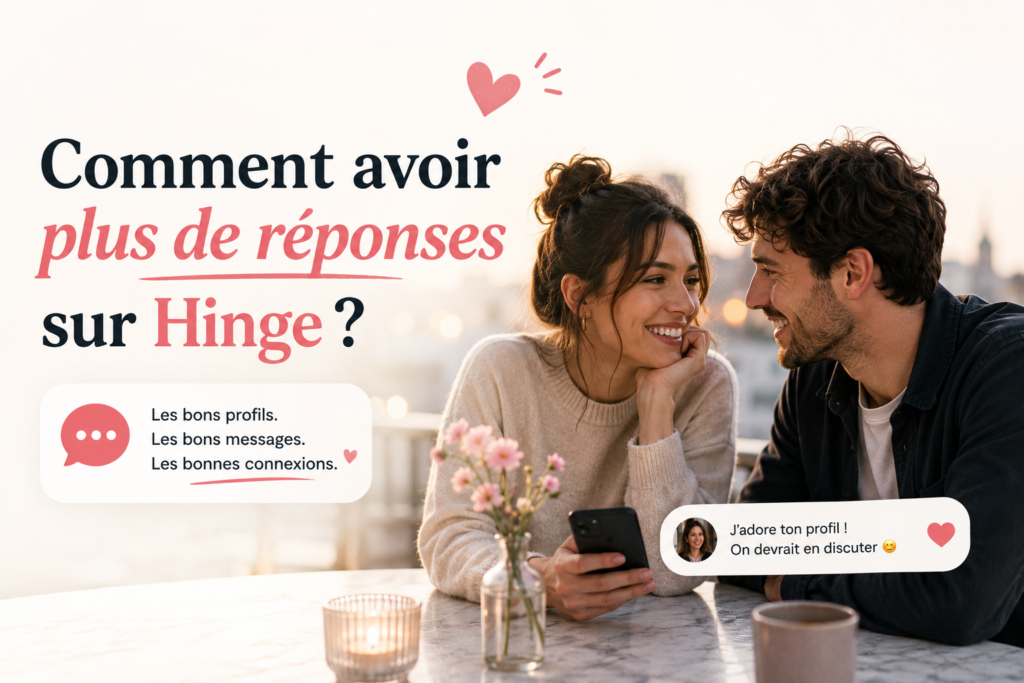 Couple échangeant avec le sourire illustrant comment obtenir plus de réponses sur Hinge grâce à un meilleur profil et de meilleurs messages.