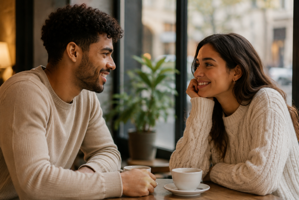 Couple souriant lors d'une rencontre illustrant un profil Hinge optimisé grâce à l'intelligence artificielle.