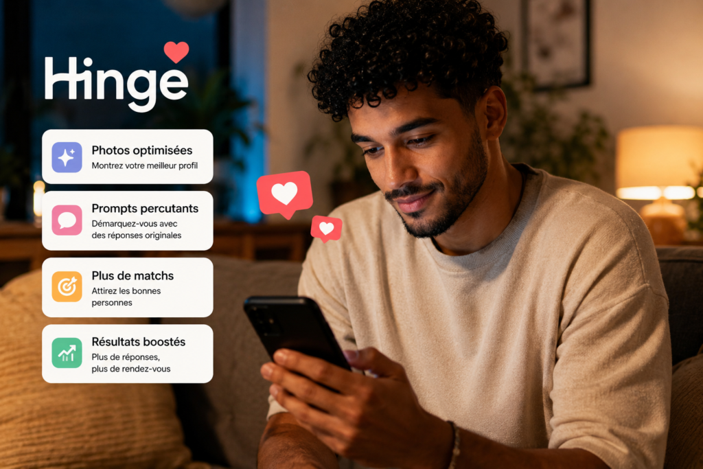 Personne consultant son profil Hinge sur son téléphone pour l'optimiser avec l'intelligence artificielle et obtenir plus de matchs.