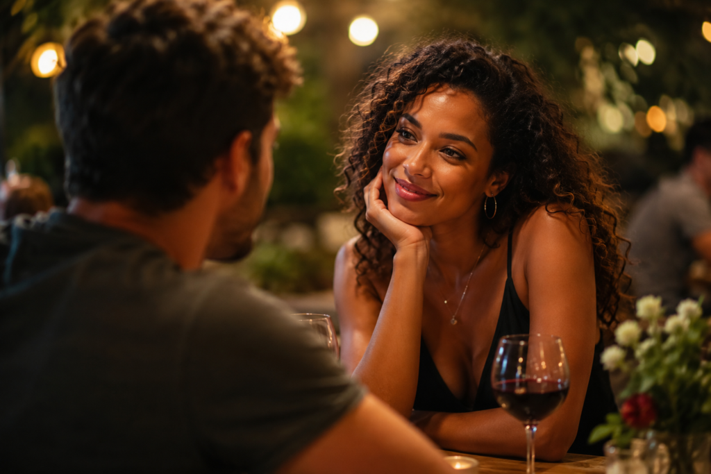 Femme métisse souriante lors d'un rendez-vous romantique dans un restaurant, échangeant un regard complice avec son partenaire.