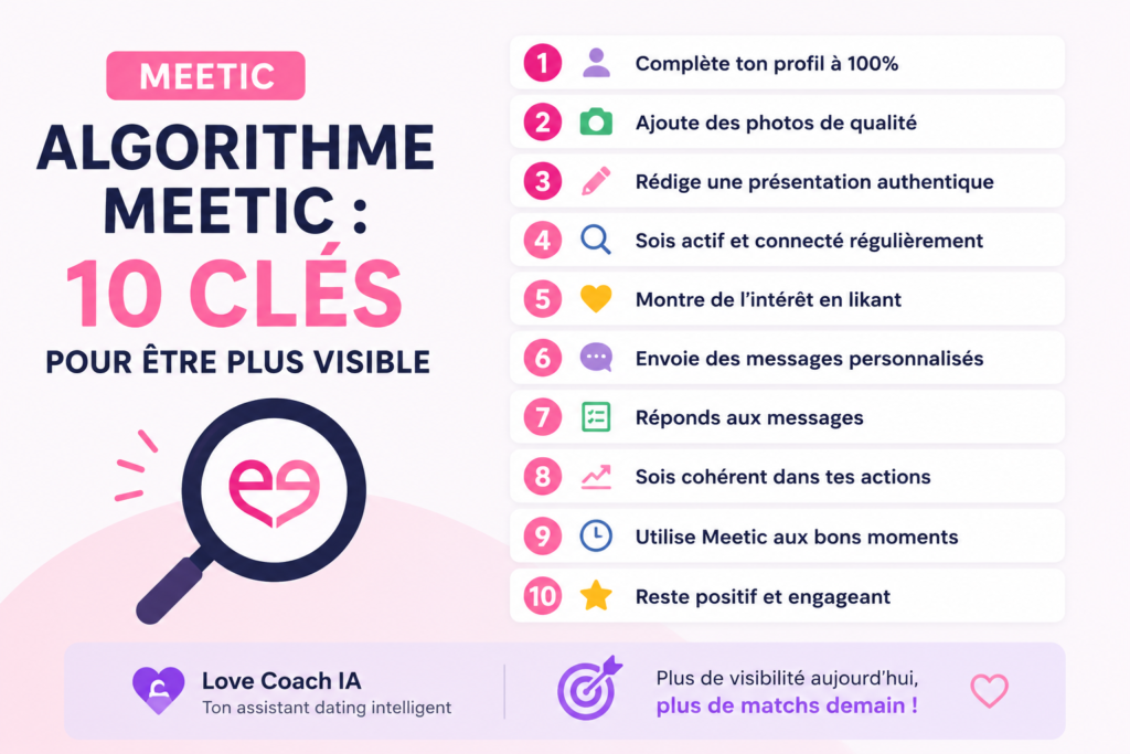 Algorithme Meetic : 10 clés pour améliorer la visibilité de son profil et obtenir plus de matchs sur l’application de rencontre.
