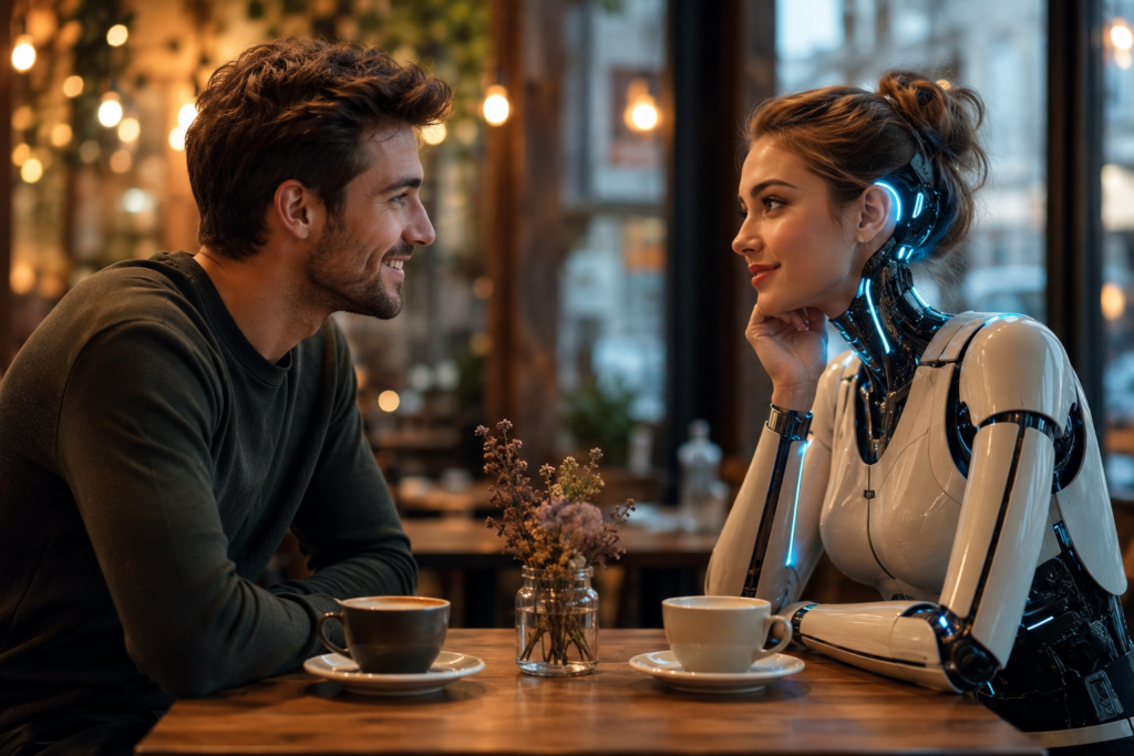 Illustration d'une conversation Hinge analysée par une intelligence artificielle, montrant un homme échangeant dans une ambiance chaleureuse symbolisant l'optimisation des conversations sur les applications de rencontre.