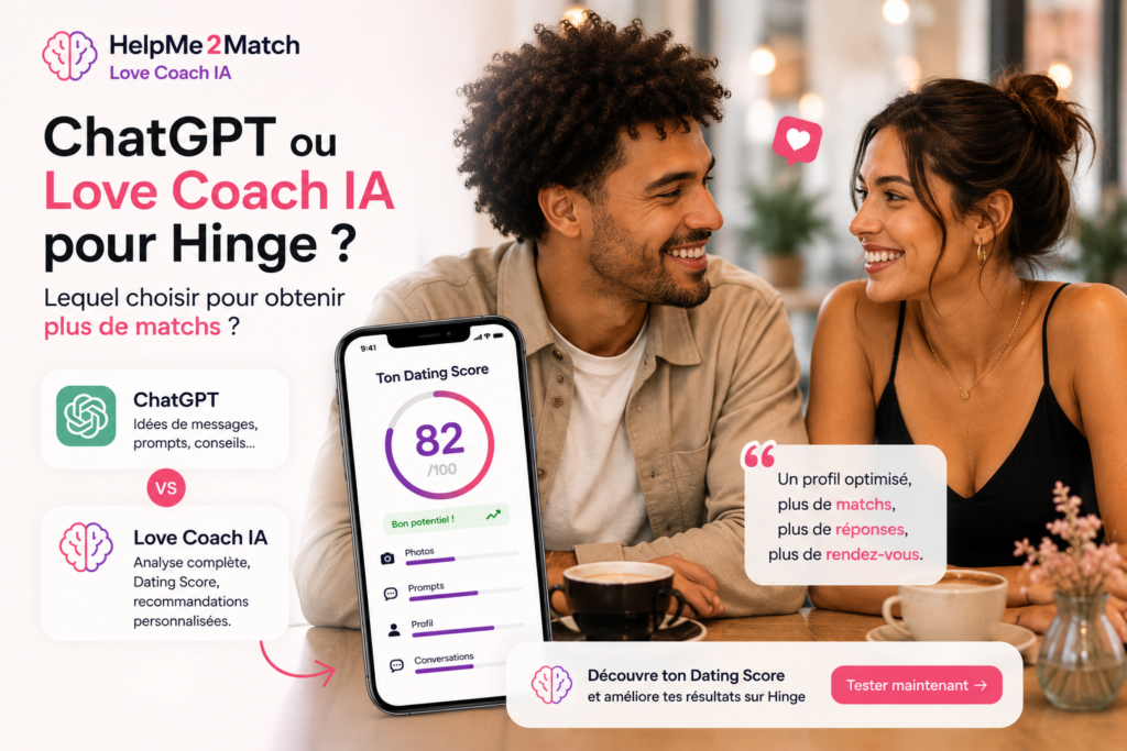 Couple métis échangeant un regard complice dans un café, illustrant le choix entre ChatGPT et le Love Coach IA HelpMe2Match pour améliorer son profil Hinge et obtenir plus de matchs.