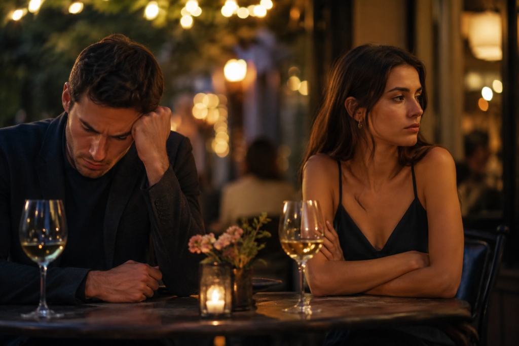 Personne déçue après une conversation Tinder interrompue, illustrant une relance de conversation sur une application de rencontre.