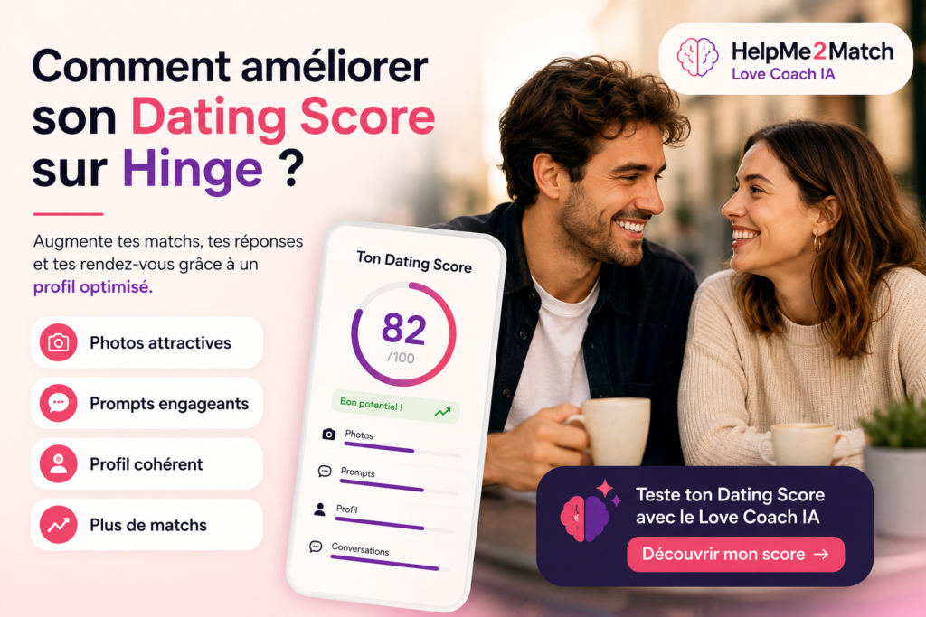 Illustration d'un Dating Score Hinge affiché sur un smartphone avec un couple souriant, symbolisant l'optimisation d'un profil grâce au Love Coach IA HelpMe2Match.