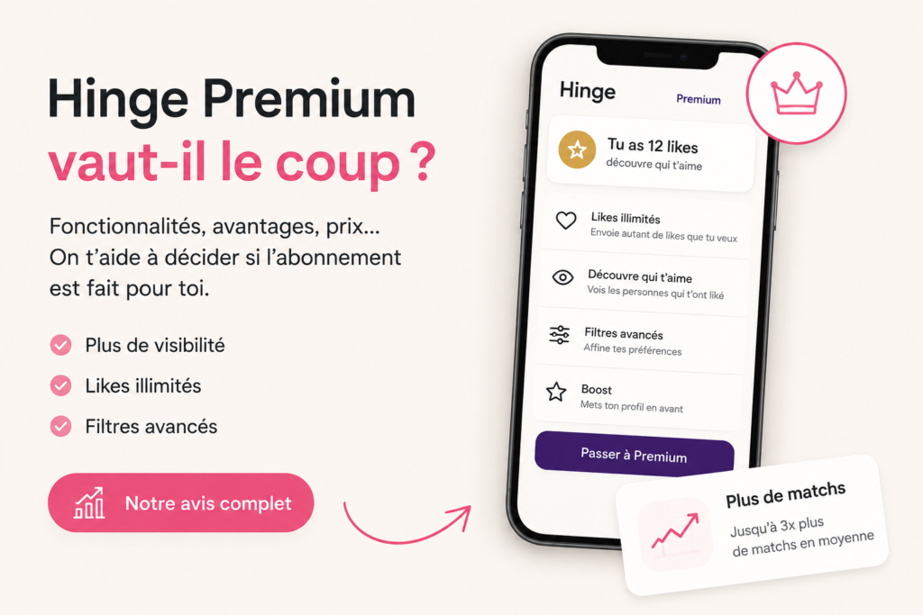 Illustration d'un smartphone affichant Hinge Premium avec ses fonctionnalités, accompagnant un guide expliquant si l'abonnement Hinge vaut le coup pour obtenir plus de matchs.