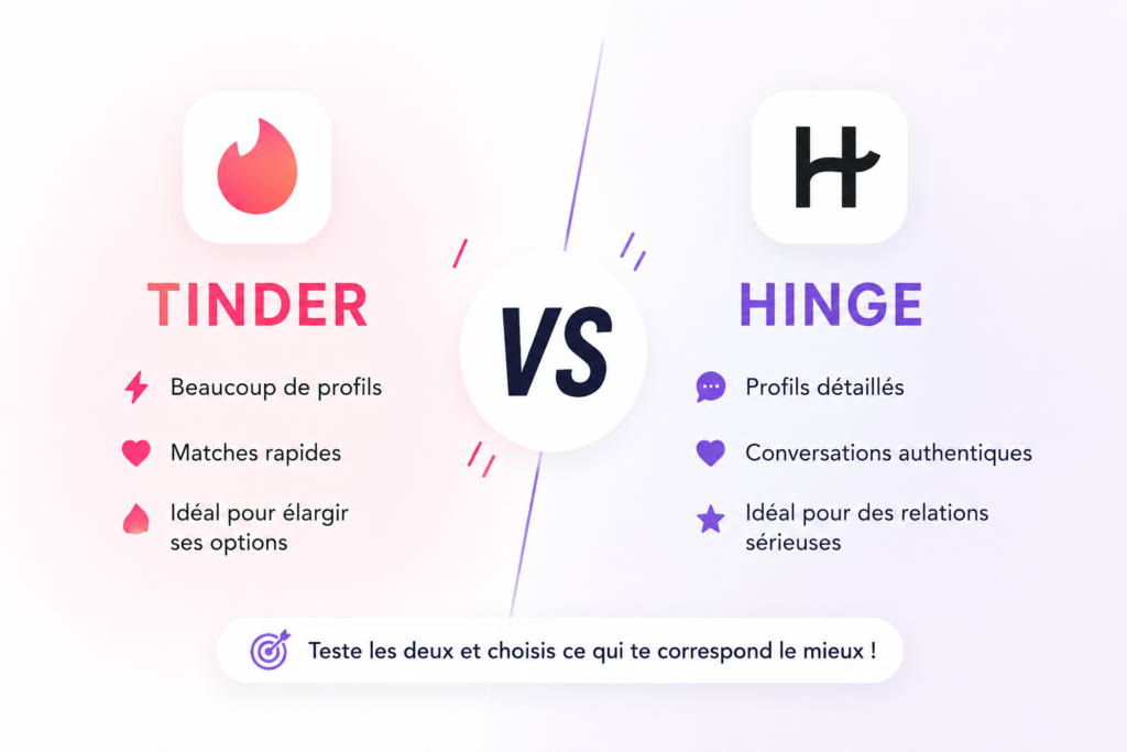 Hinge vs Tinder : comparatif des deux applications de rencontre pour choisir celle qui correspond le mieux à tes objectifs.