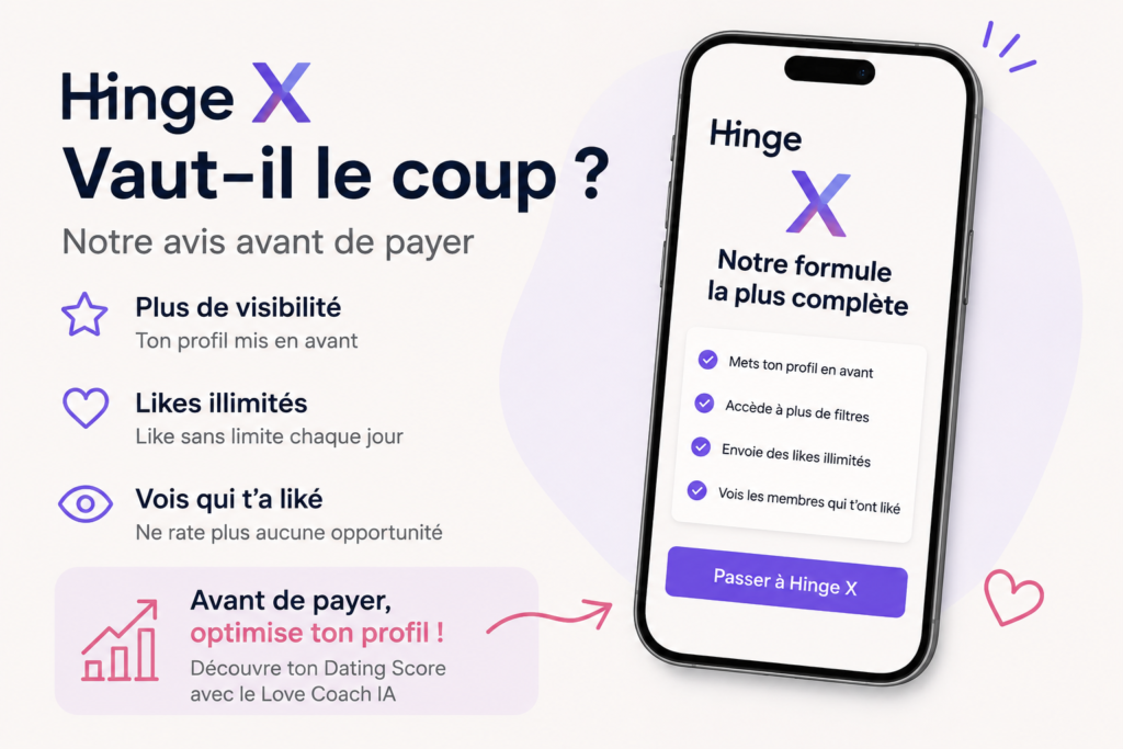 Hinge X vaut-il le coup ? Comparatif des fonctionnalités et conseils pour optimiser son profil Hinge avec le Love Coach IA.