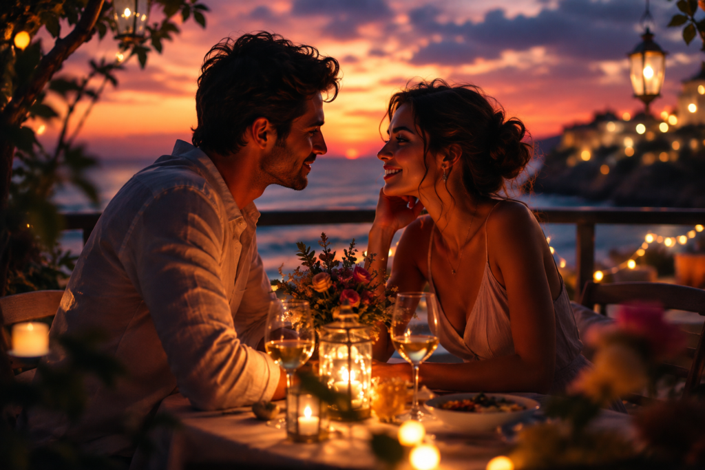 Couple souriant lors d'un rendez-vous romantique, illustrant comment l'intelligence artificielle peut aider à optimiser un profil Hinge et augmenter ses chances de matcher.