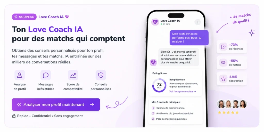 Love Coach IA HelpMe2Match pour améliorer son profil et ses conversations sur les applications de rencontre