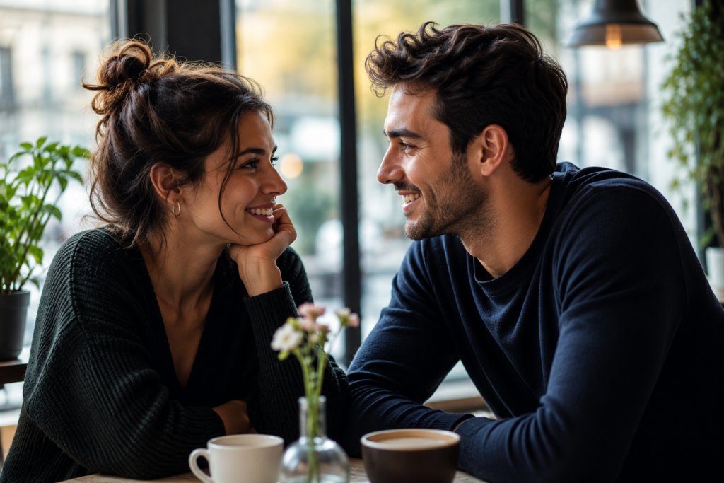 Femme et homme échangeant lors d’un rendez-vous, illustration d’un nouveau profil Hinge et de sa visibilité.