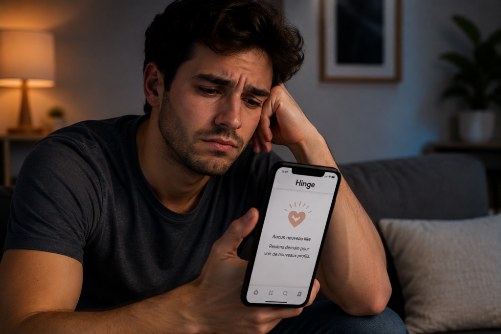 Homme déçu devant son téléphone après avoir obtenu peu de likes et de matchs sur Hinge.