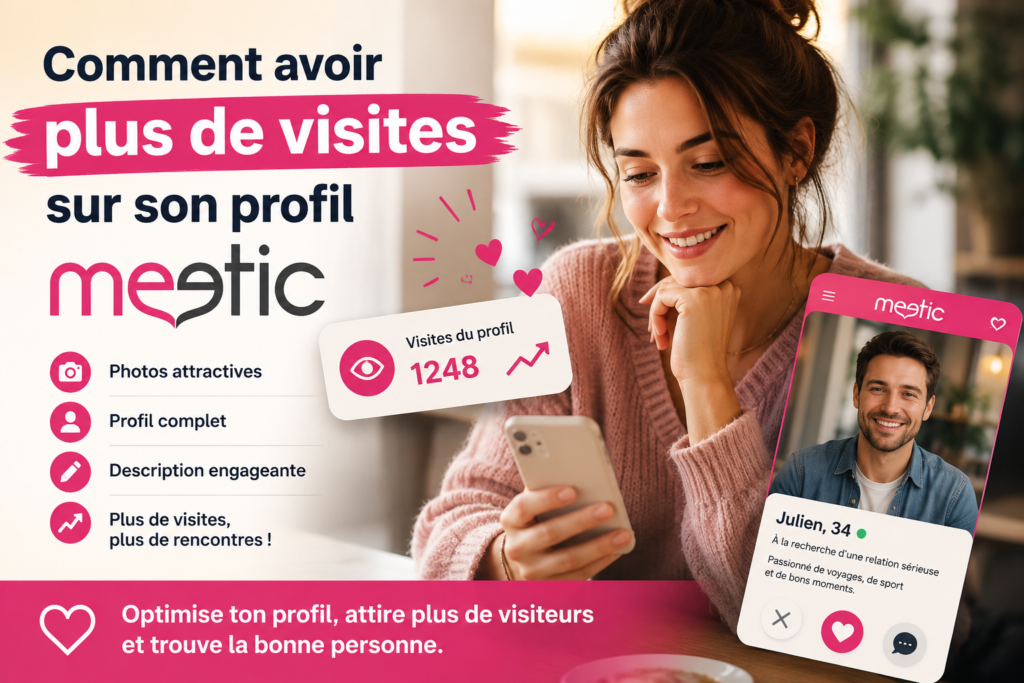 Profil Meetic optimisé affiché sur un smartphone avec une personne souriante, illustrant comment obtenir plus de visites et attirer davantage de messages.