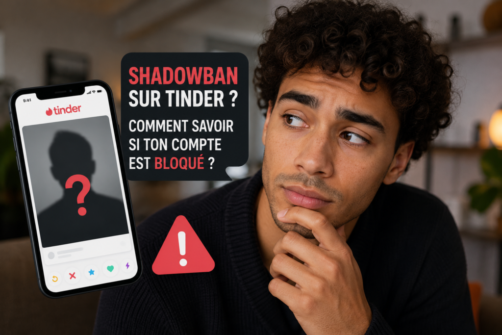 Homme métis regardant son téléphone avec inquiétude, se demandant si son compte Tinder est victime d'un shadowban.