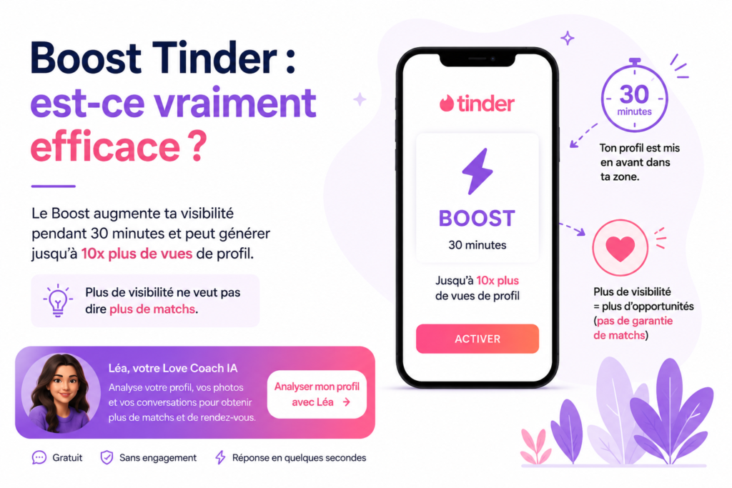 Illustration expliquant l’efficacité du Boost Tinder, qui augmente temporairement la visibilité d’un profil sans garantir plus de matchs.