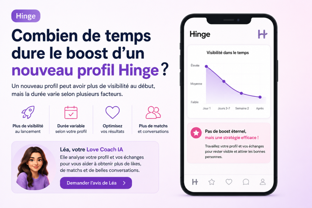 Illustration expliquant combien de temps dure le boost d’un nouveau profil Hinge et l’évolution de sa visibilité.