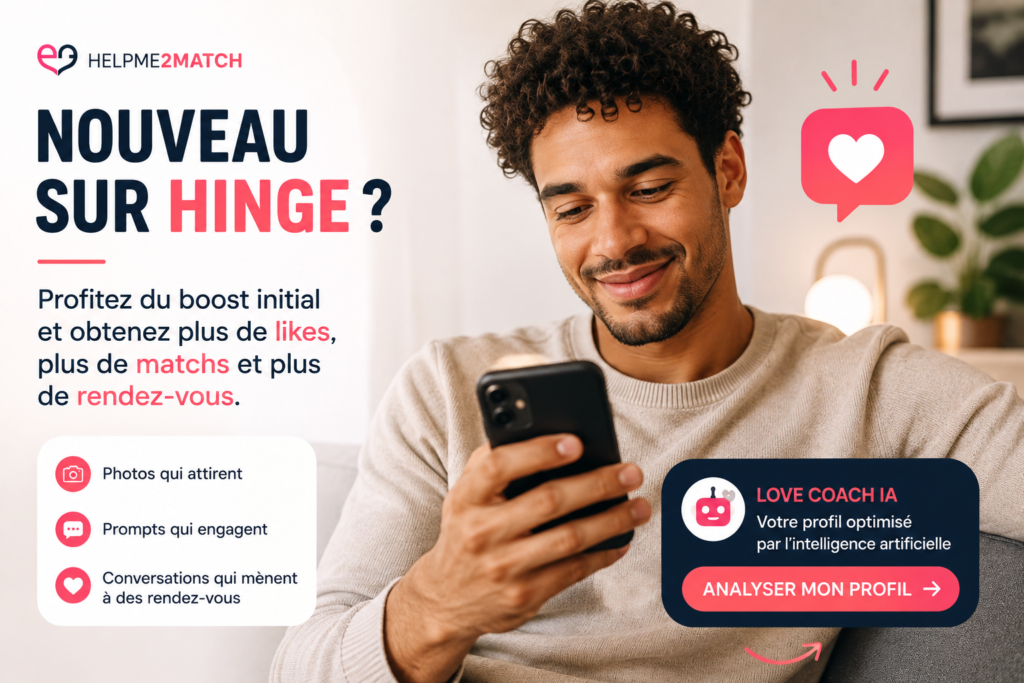 Homme métis souriant consultant son téléphone après la création de son profil Hinge et recevant ses premiers likes.
