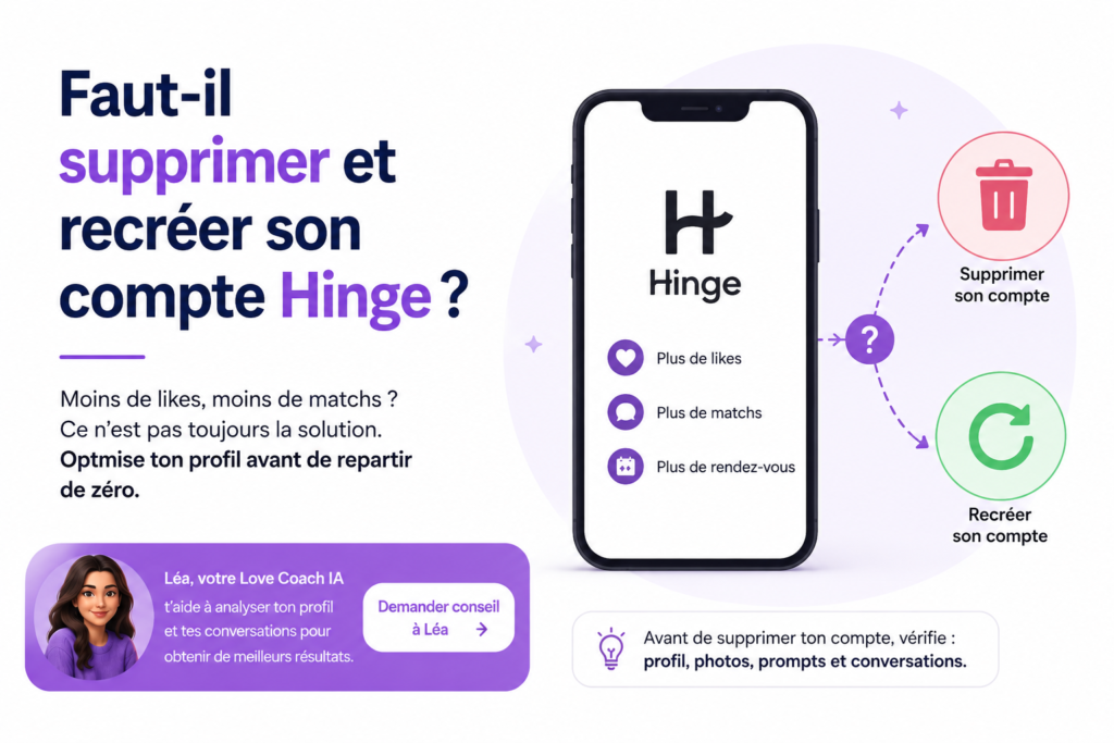 Illustration d’un utilisateur hésitant entre supprimer ou recréer son compte Hinge après une baisse de likes et de matchs.